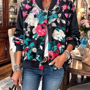 Carole Little Black Floral Bomber Jacket Artsy Statement Vintage
